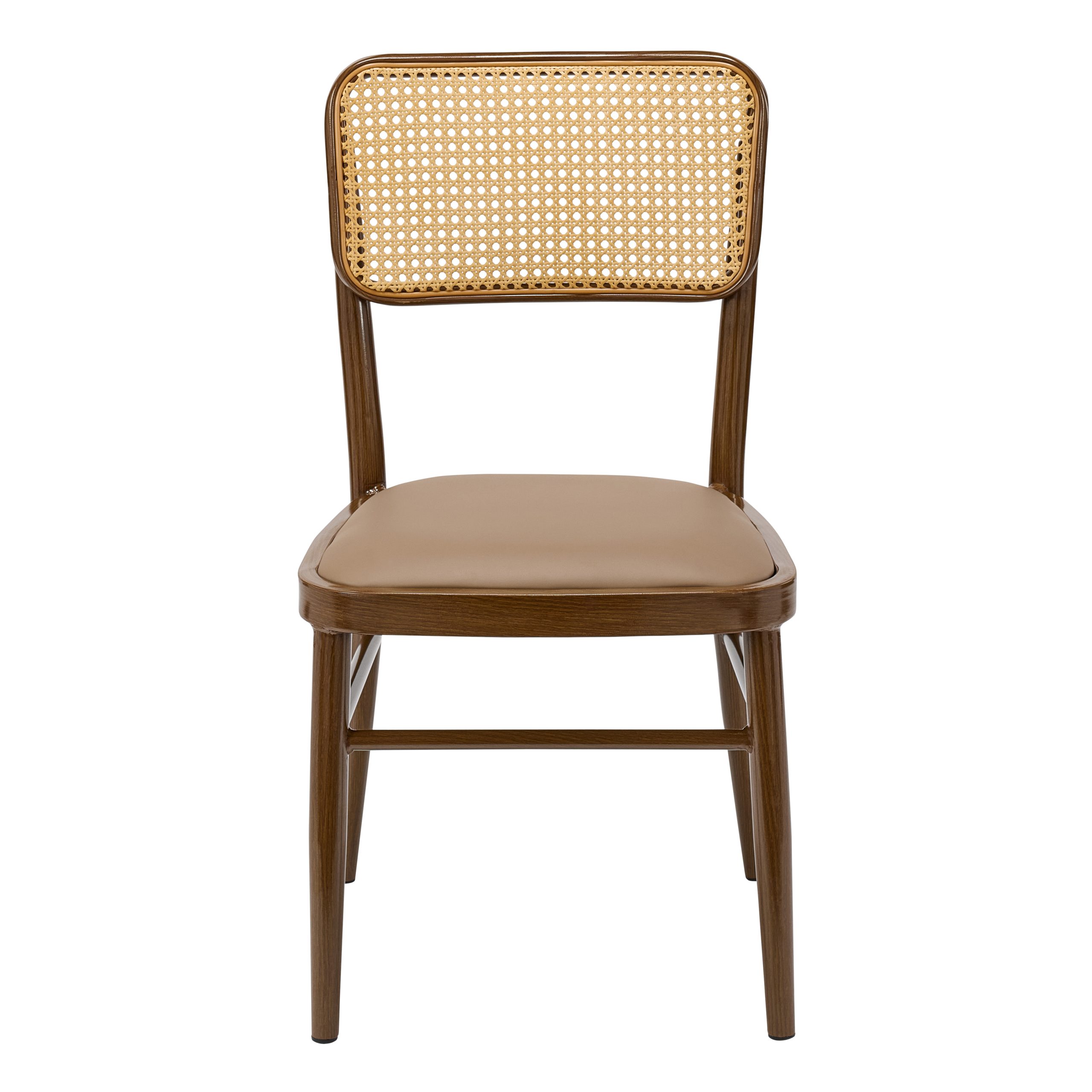 High-quality photo of the Vienna Rattan Back Contract Dining Chair. The core structure is robust metal with a dark wood-effect finish, complemented by a woven rattan back and a padded tan faux leather seat. Ideal commercial seating for bistros, hotels, and cafes requiring a classic aesthetic and Crib 5 certified furniture.
