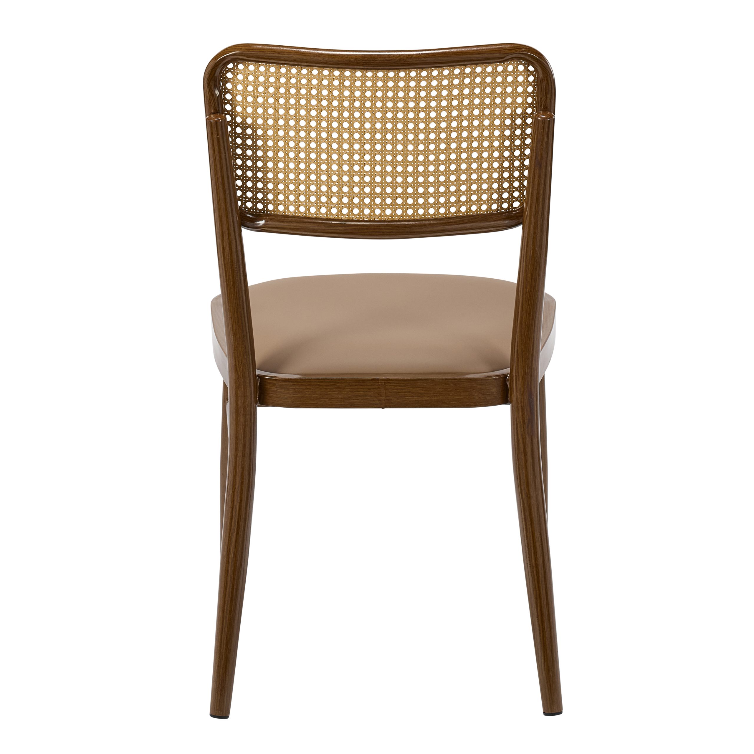 High-quality photo of the Vienna Rattan Back Contract Dining Chair. The core structure is robust metal with a dark wood-effect finish, complemented by a woven rattan back and a padded tan faux leather seat. Ideal commercial seating for bistros, hotels, and cafes requiring a classic aesthetic and Crib 5 certified furniture.