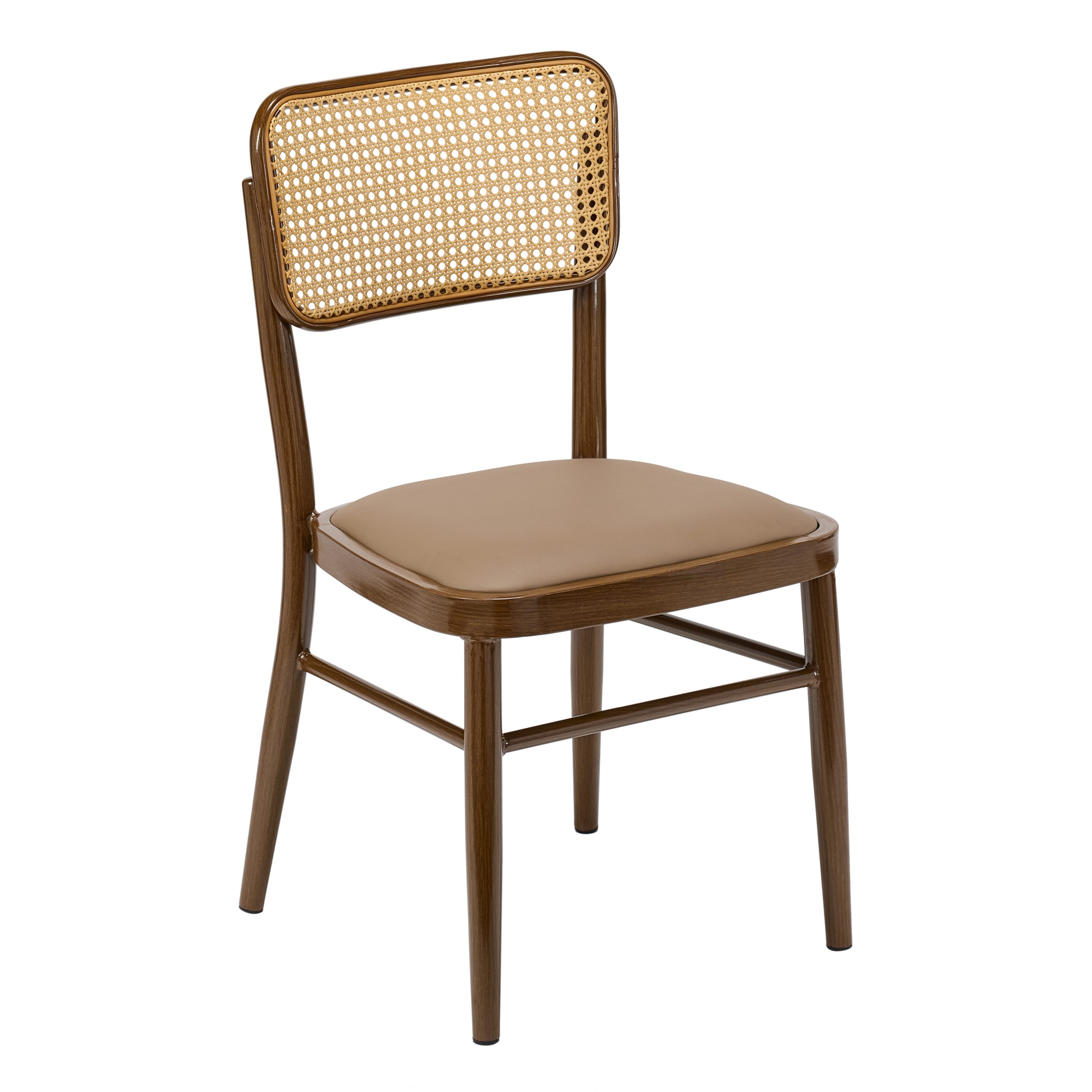 Vienna commercial dining chair with metal wood-effect frame, natural rattan backrest, and light tan faux leather seat.