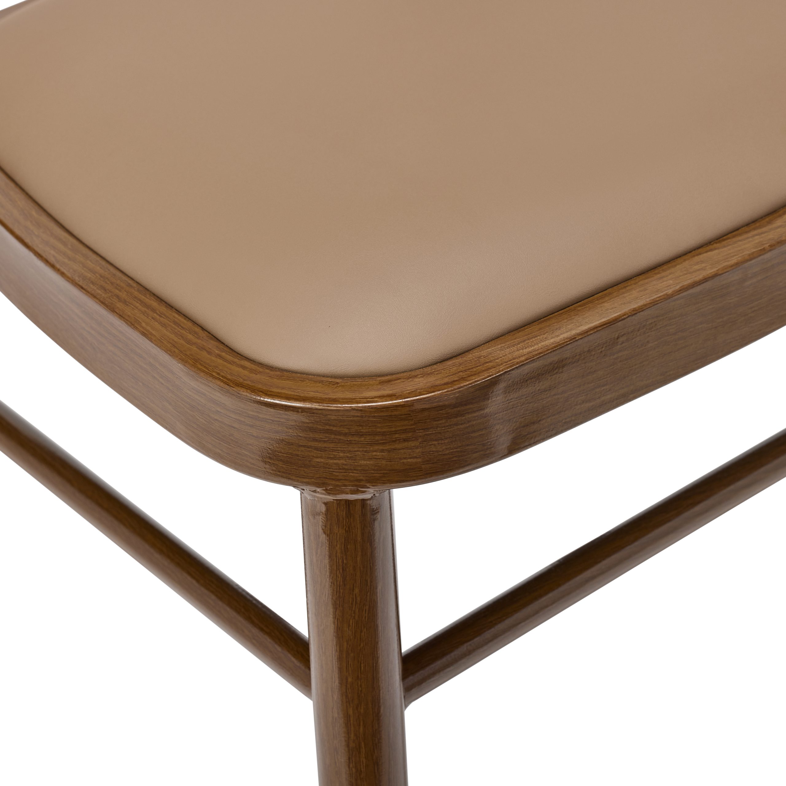 High-quality photo of the Vienna Rattan Back Contract Dining Chair. The core structure is robust metal with a dark wood-effect finish, complemented by a woven rattan back and a padded tan faux leather seat. Ideal commercial seating for bistros, hotels, and cafes requiring a classic aesthetic and Crib 5 certified furniture.