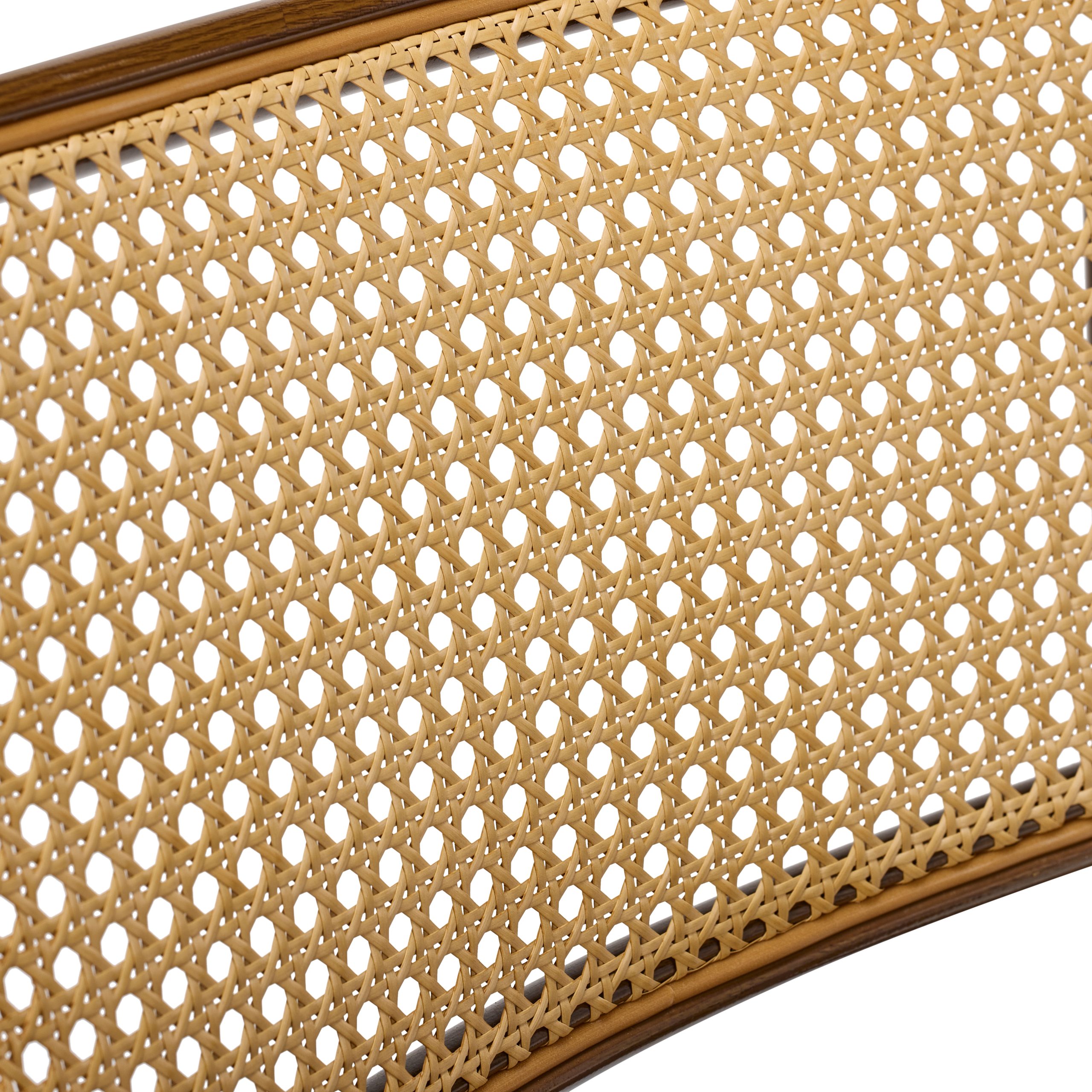 High-quality photo of the Vienna Rattan Back Contract Dining Chair. The core structure is robust metal with a dark wood-effect finish, complemented by a woven rattan back and a padded tan faux leather seat. Ideal commercial seating for bistros, hotels, and cafes requiring a classic aesthetic and Crib 5 certified furniture.