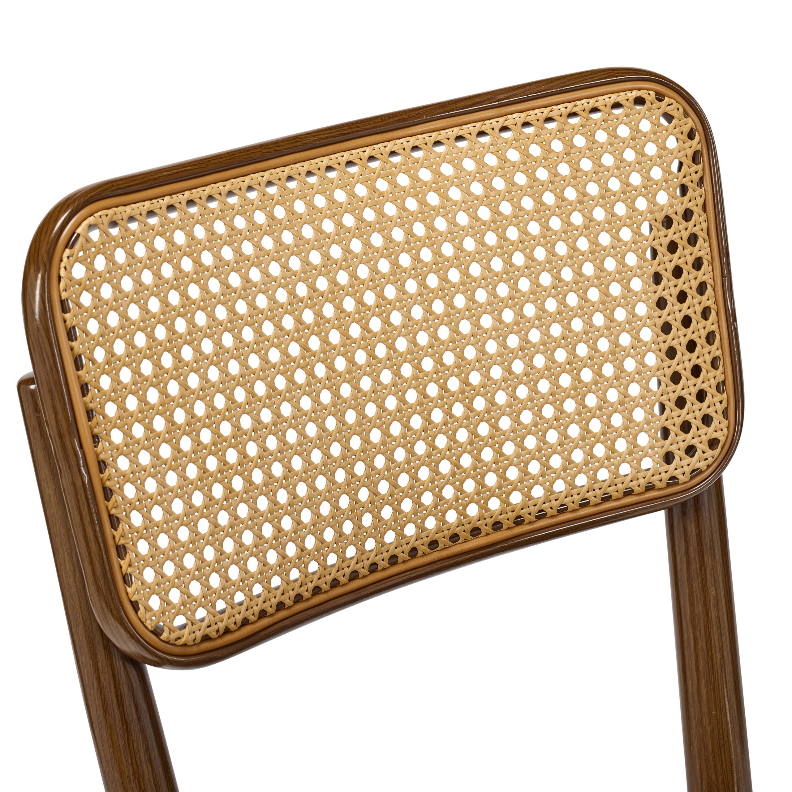 High-quality photo of the Vienna Rattan Back Contract Dining Chair. The core structure is robust metal with a dark wood-effect finish, complemented by a woven rattan back and a padded tan faux leather seat. Ideal commercial seating for bistros, hotels, and cafes requiring a classic aesthetic and Crib 5 certified furniture.